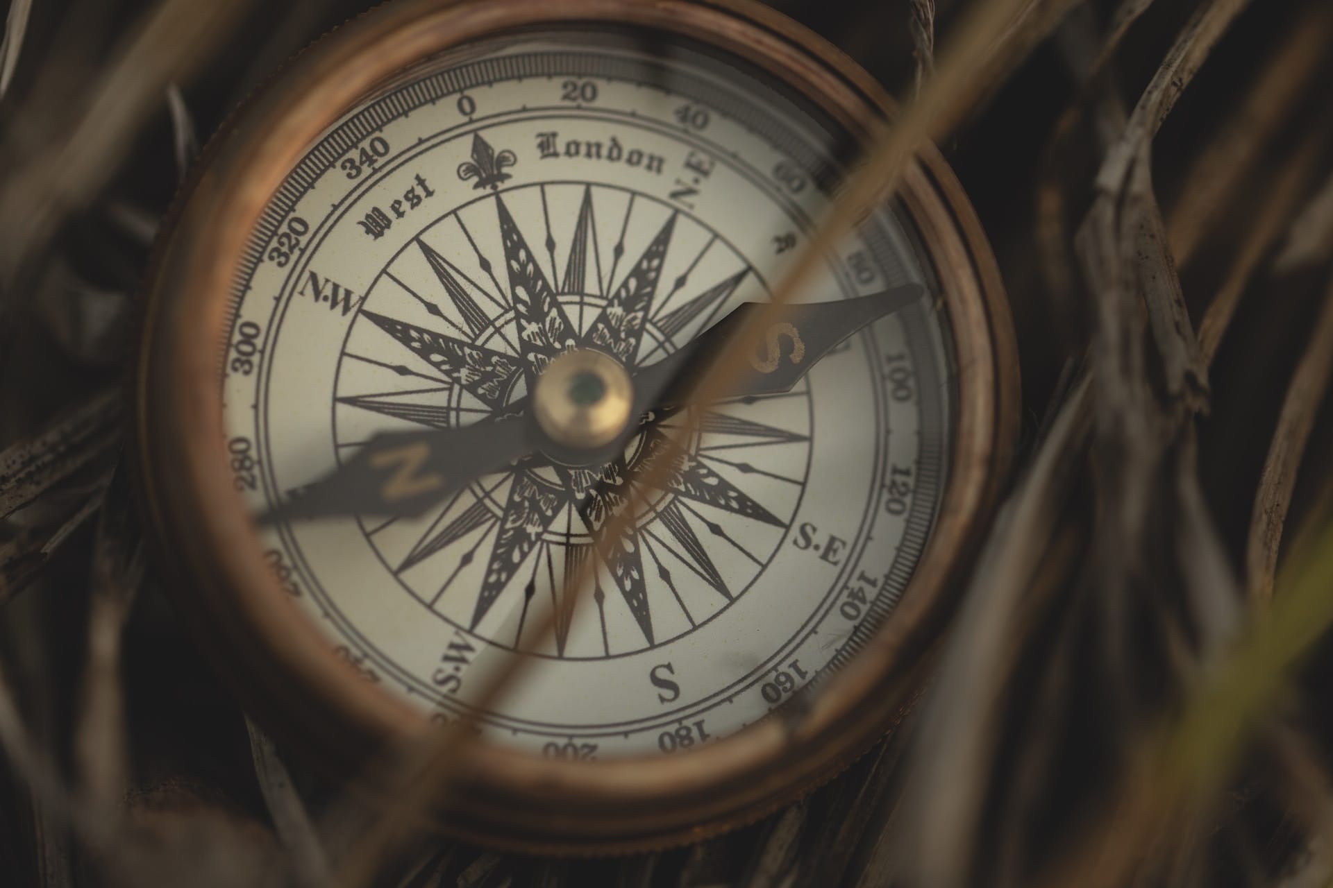 A close-up shot of a compass resting in grass, symbolizing guidance and direction. The compass, in sharp focus against the natural background, represents the concept of following one's internal compass and instincts for personal navigation and decision-making."